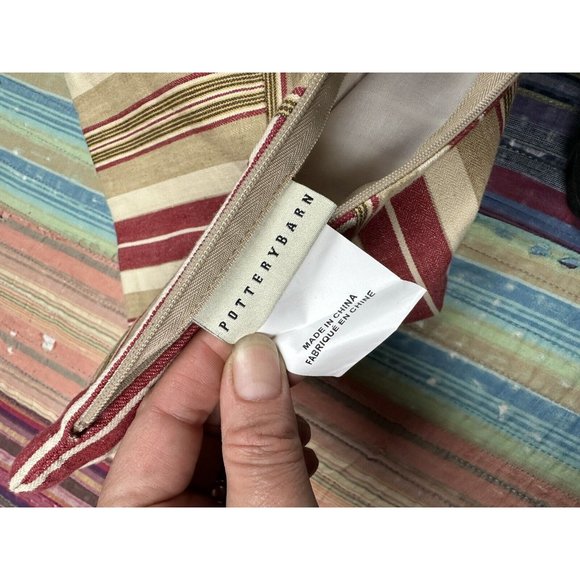 Pottery Barn Red Tan Striped Throw Pillow Cover 18" x 18" Linen Blend Zipper - Picture 4 of 6